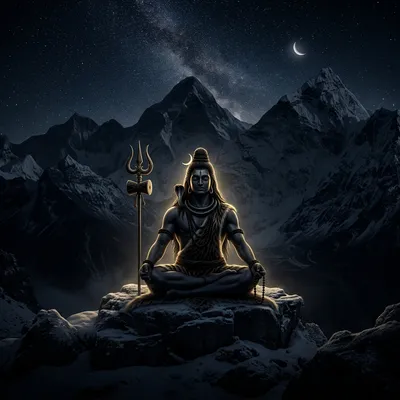 Mahadev (Lord Shiva) meditating in the Himalayas with subtle golden lighting