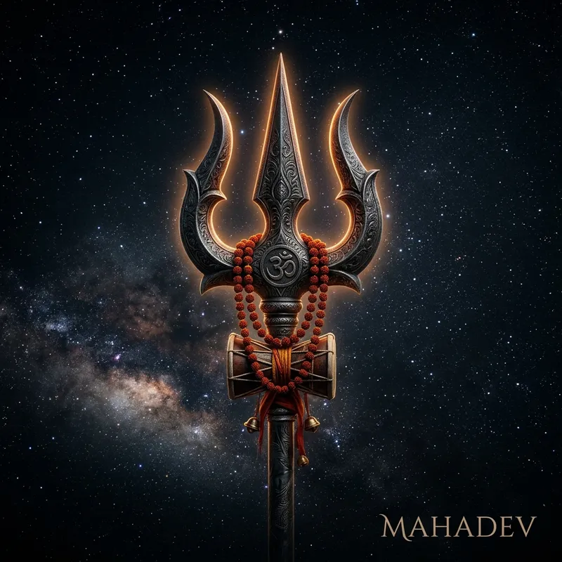 Mahadev's Trishul (Trident) glowing against a starry cosmic background