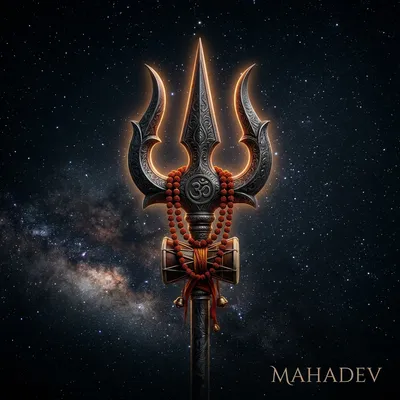 Mahadev's Trishul (Trident) glowing against a starry cosmic background